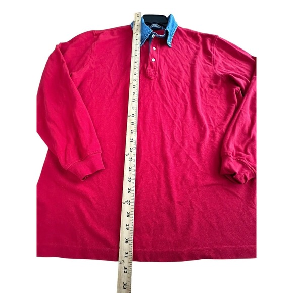 LANDS END Shirt Men Large Rugby Polo Denim Collar Long Sleeve Pique Red #V4-5 - Picture 4 of 9